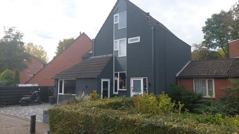 Antraciet gevel met witte kozijnen achter de haag — schilderwerk in Beijum door BontBouw