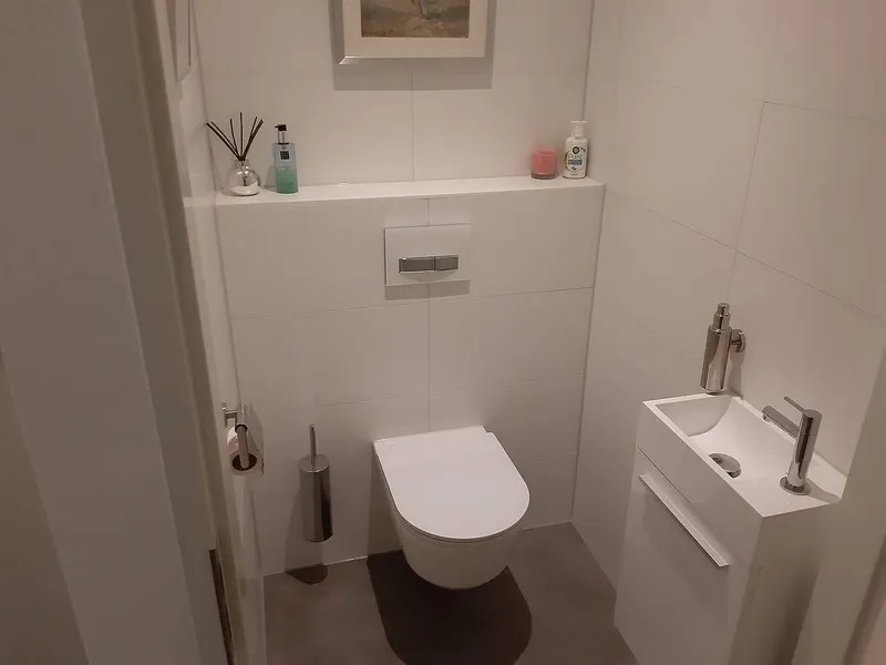 Hangtoilet met fonteinkastje en witte bedieningsplaat — toiletrenovatie in Herewegbuurt door BontBouw