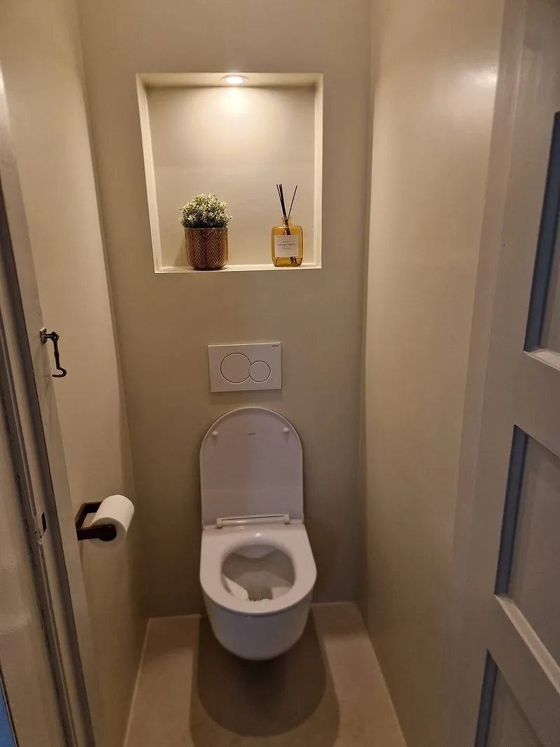 Verlichte nis met plant en geurstokjes boven het hangtoilet — toiletrenovatie in Korrewegwijk door BontBouw