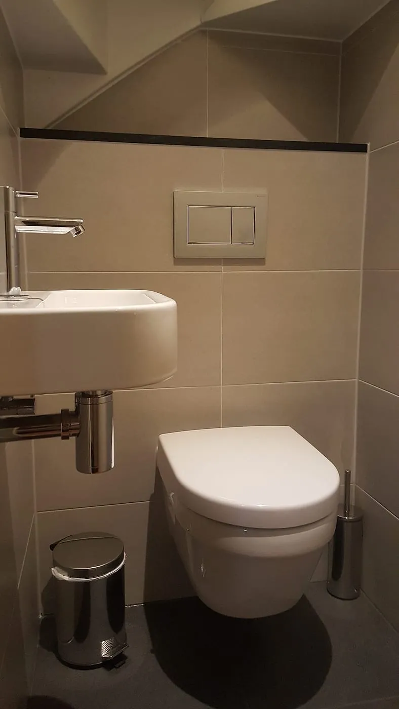 Fontein met chromen sifon naast het hangtoilet — toiletrenovatie in De Hunze door BontBouw