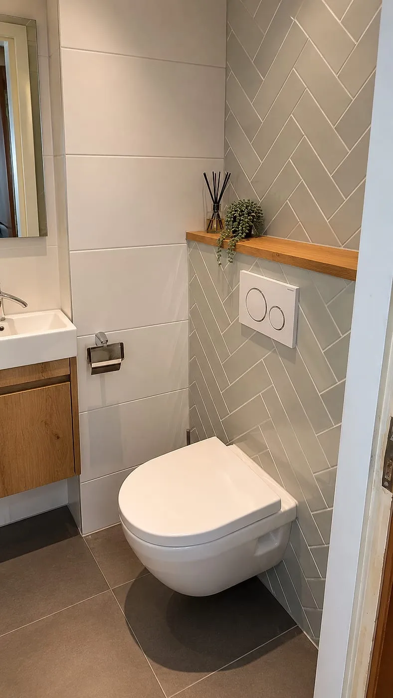 Hangtoilet tegen visgraat tegelwerk met eiken planchet — toiletrenovatie in Coendersborg door BontBouw