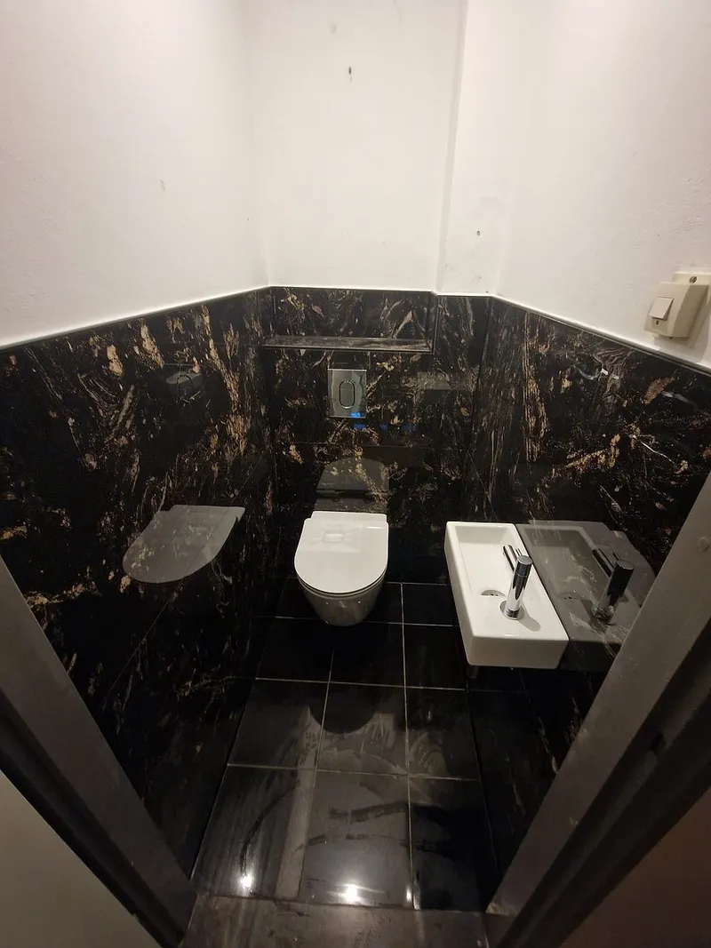 Marmeren lambrisering met witte bovenwand — toiletrenovatie in Lewenborg door BontBouw
