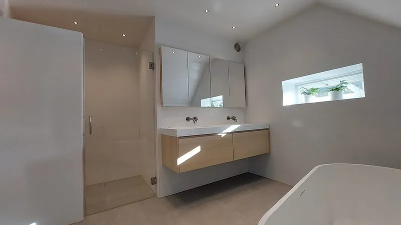 Spiegelkast boven dubbele wastafel met glazen douchedeur — badkamerrenovatie in Eelderwolde door BontBouw