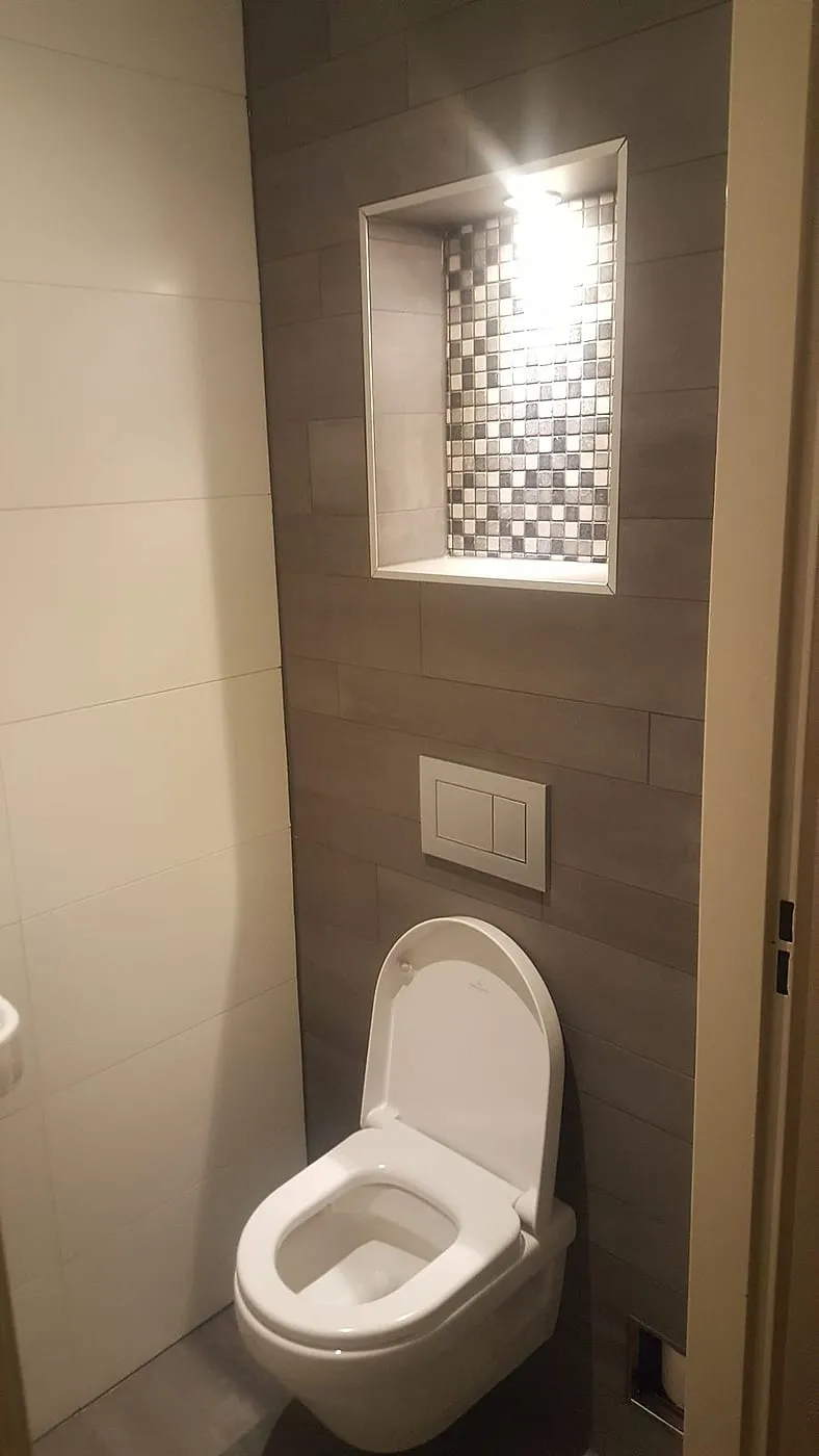 Verlichte nis met mozaiektegels en witte bedieningsplaat — toiletrenovatie in De Hunze door BontBouw