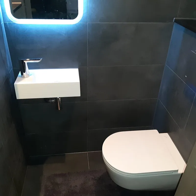 Fontein met chromen kraan onder de led spiegel — toiletrenovatie in Beijum door BontBouw