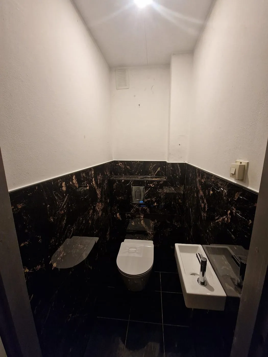 Zwart marmeren lambrisering met fonteintje na de renovatie — toiletrenovatie in Lewenborg door BontBouw
