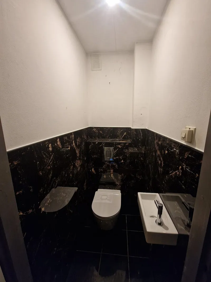 Fonteintje met chromen kraan op marmer — toiletrenovatie in Lewenborg door BontBouw