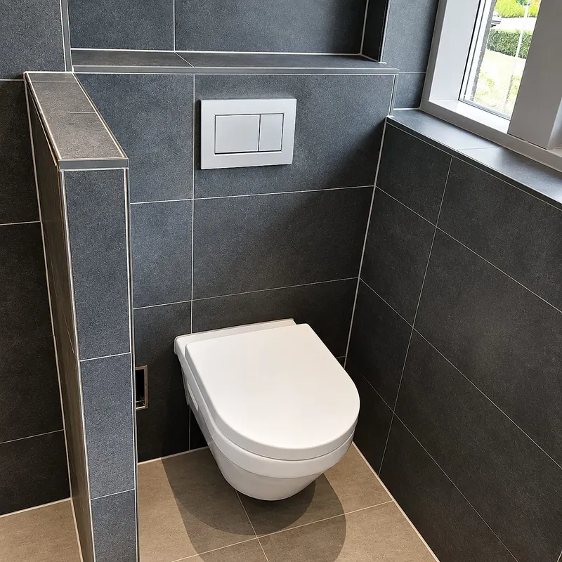Hangtoilet tegen antracieten tegelwand — badkamerrenovatie in Kropswolde door BontBouw