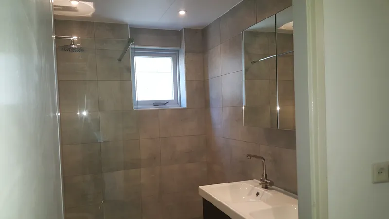 Donker wastafelmeubel met spiegelkast naast de douche — badkamerrenovatie in De Hunze door BontBouw