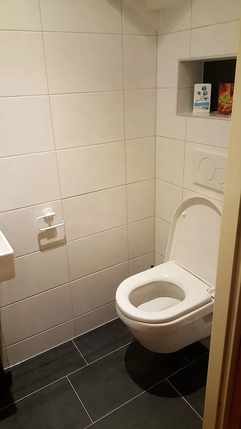 Toilet met fonteintje en verlichte nis — toiletrenovatie in Groningen door BontBouw