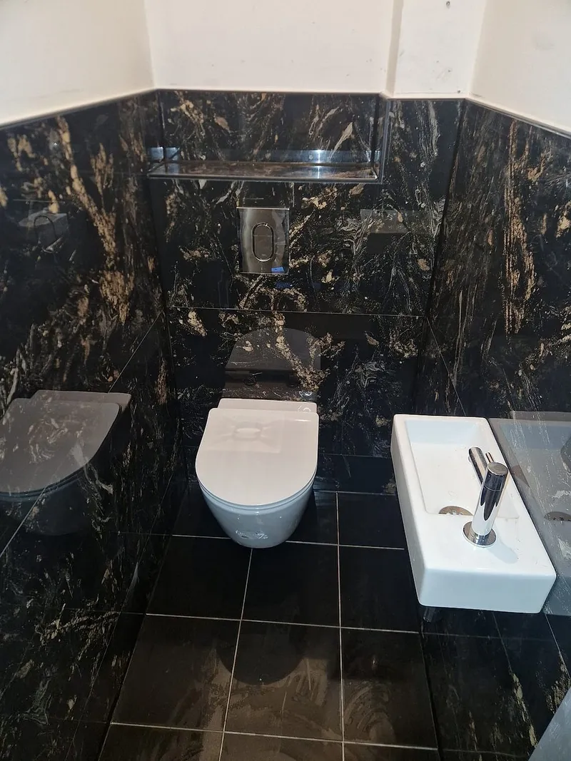 Hangend toilet met zwart marmeren wand — toiletrenovatie in Lewenborg door BontBouw