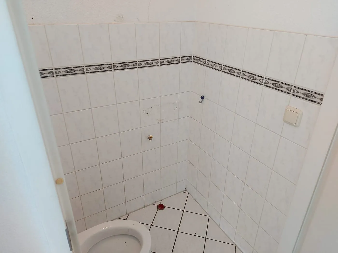 Leeggehaald toilet met witte tegeltjes en decoratieve tegelrand vóór de renovatie — toiletrenovatie in De Hunze door BontBouw