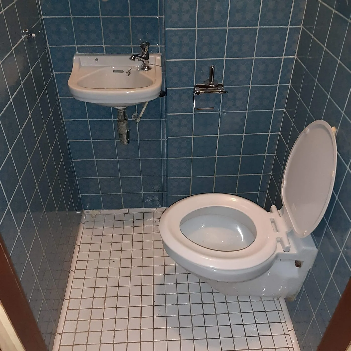 Oud toilet met blauwe tegels en losse fontein vóór de renovatie — toiletrenovatie in Coendersborg door BontBouw