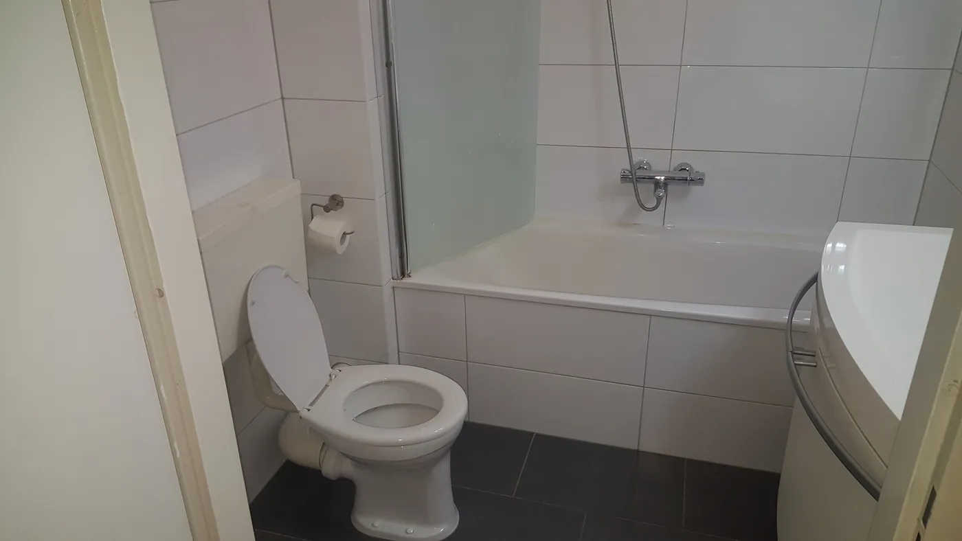 Oude badkamer met ligbad en staand toilet vóór de renovatie — badkamerrenovatie in De Hunze door BontBouw