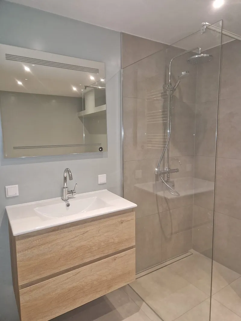 Wastafel met spiegel en inloopdouche — badkamerrenovatie in Corpus den Hoorn door BontBouw