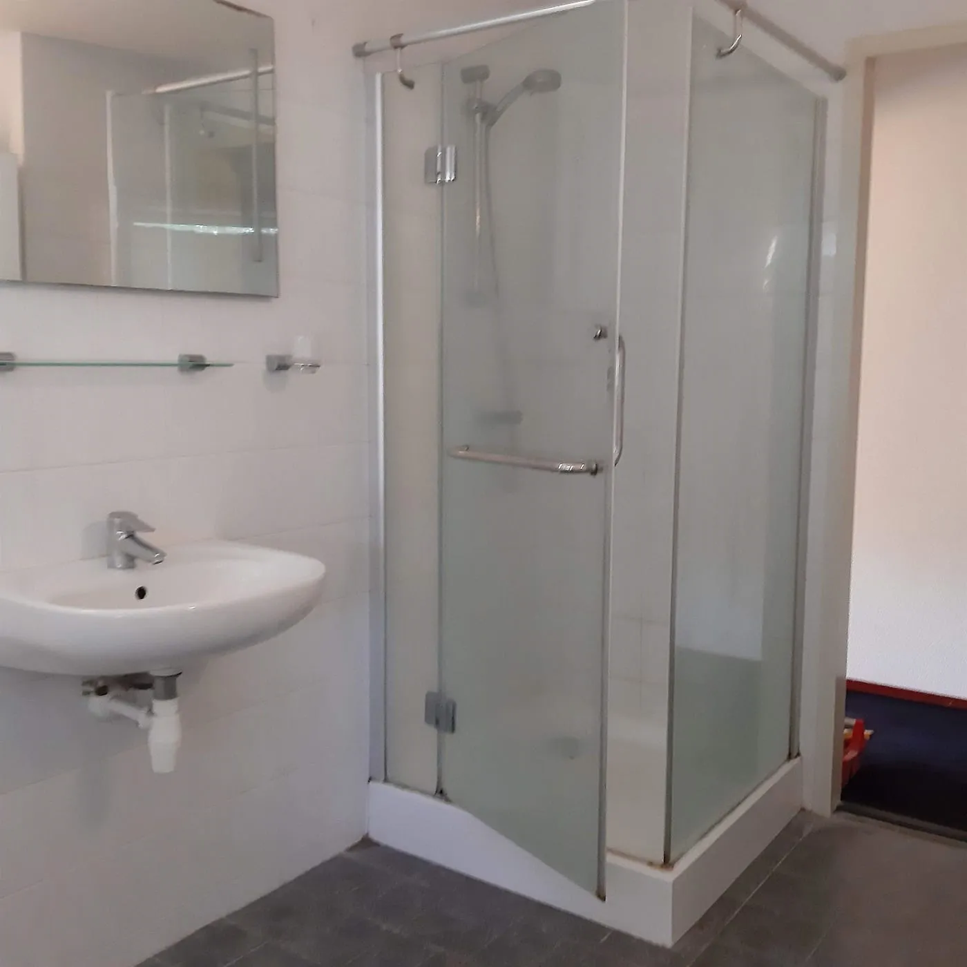 Oude douchecabine naast witte wastafel vóór de renovatie — badkamerrenovatie in Kropswolde door BontBouw