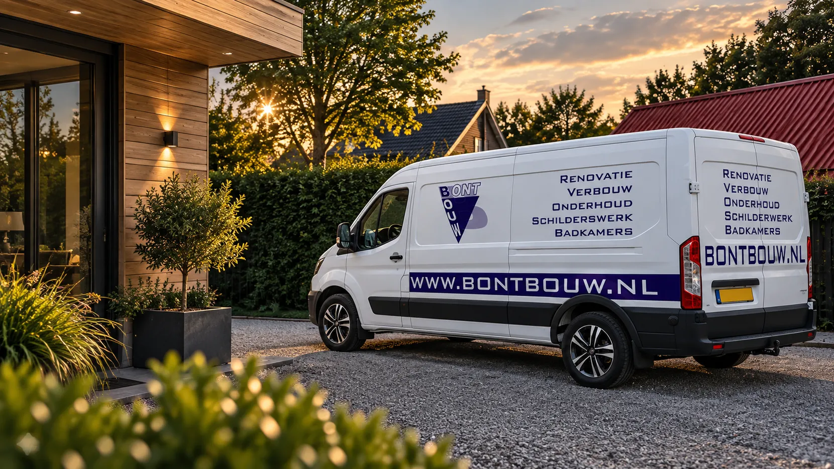 De bus van BontBouw voor een woning in Groningen