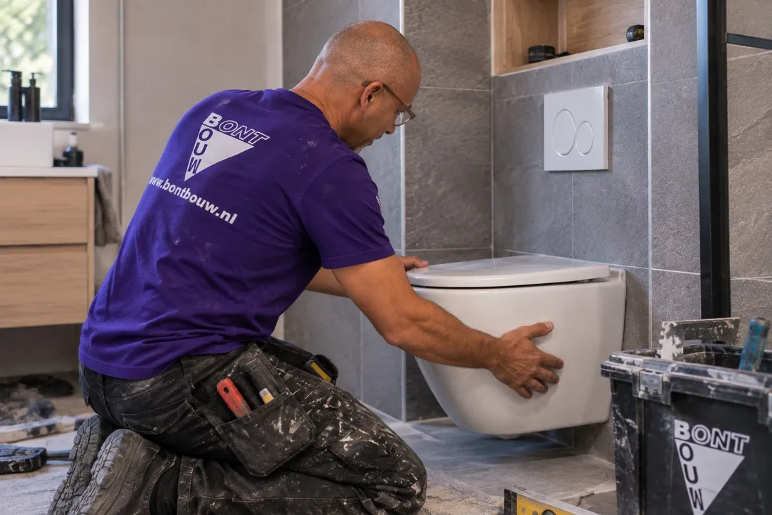 Dennis Bont van Bontbouw plaatst een hangtoilet in een badkamer in Groningen