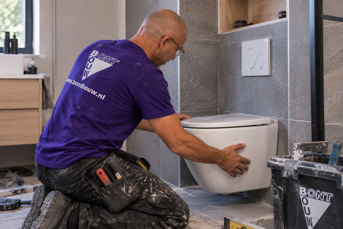 Dennis Bont van BontBouw plaatst een hangtoilet in een badkamer in Groningen