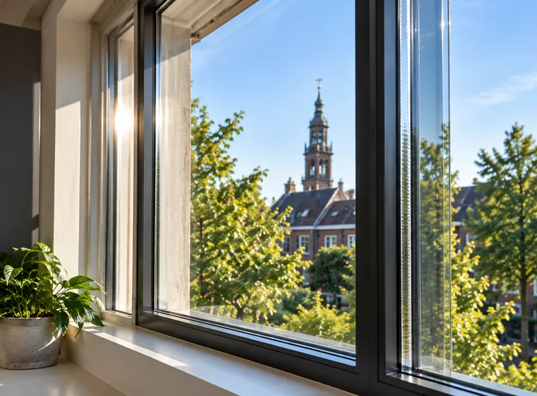 Nieuw geplaatst dubbel glas in een kozijn met uitzicht op de Martinitoren in Groningen
