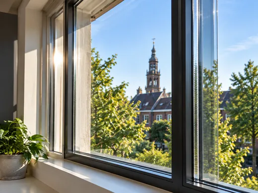 Nieuw geplaatst dubbel glas in een kozijn met uitzicht op de Martinitoren in Groningen