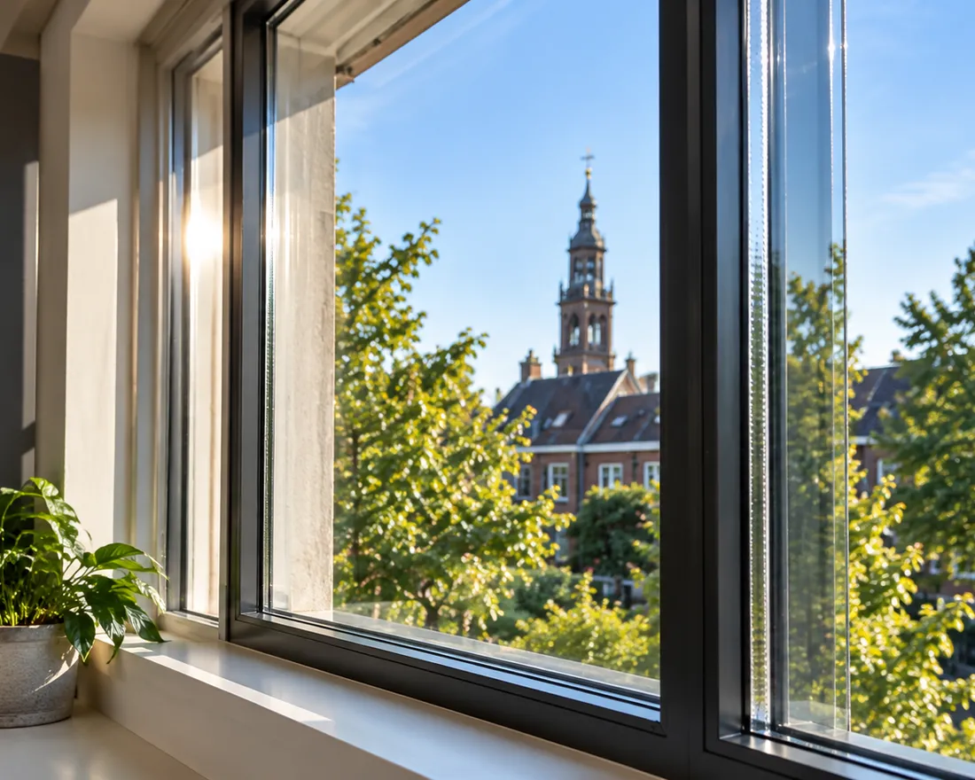 Nieuw geplaatst dubbel glas in een kozijn met uitzicht op de Martinitoren in Groningen