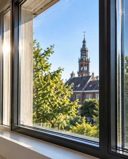 Nieuw geplaatst dubbel glas in een kozijn met uitzicht op de Martinitoren in Groningen