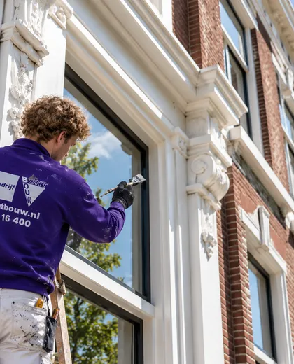 Schilder van Bontbouw lakt het kozijn van een herenpand met stucwerk in Groningen