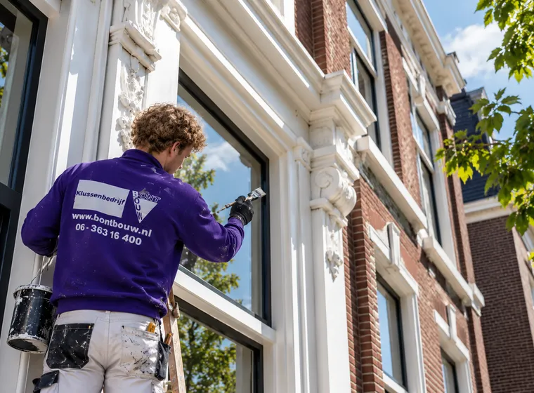 Schilder van BontBouw lakt het kozijn van een herenpand met stucwerk in Groningen