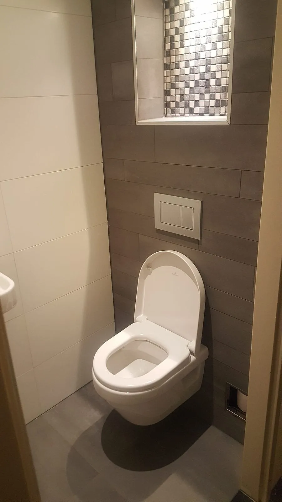 Hangtoilet tegen bruine wandtegels met verlichte mozaieknis na de renovatie — toiletrenovatie in De Hunze door BontBouw