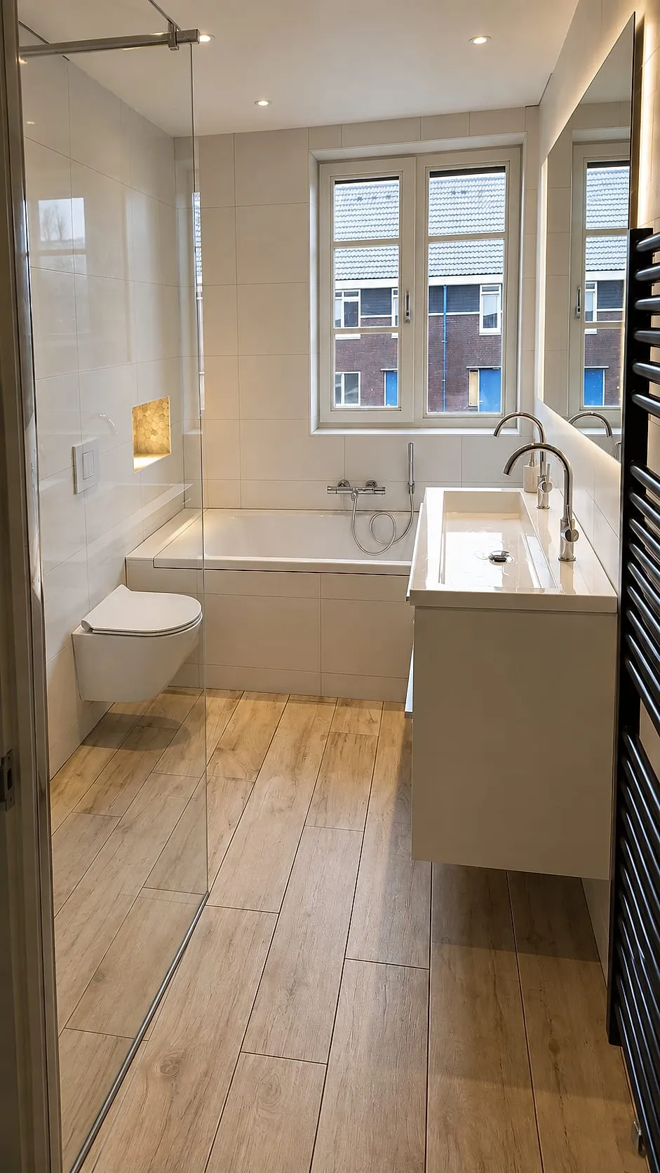 Ligbad en inloopdouche met houtlook vloertegels na de renovatie — badkamerrenovatie in Haren door BontBouw
