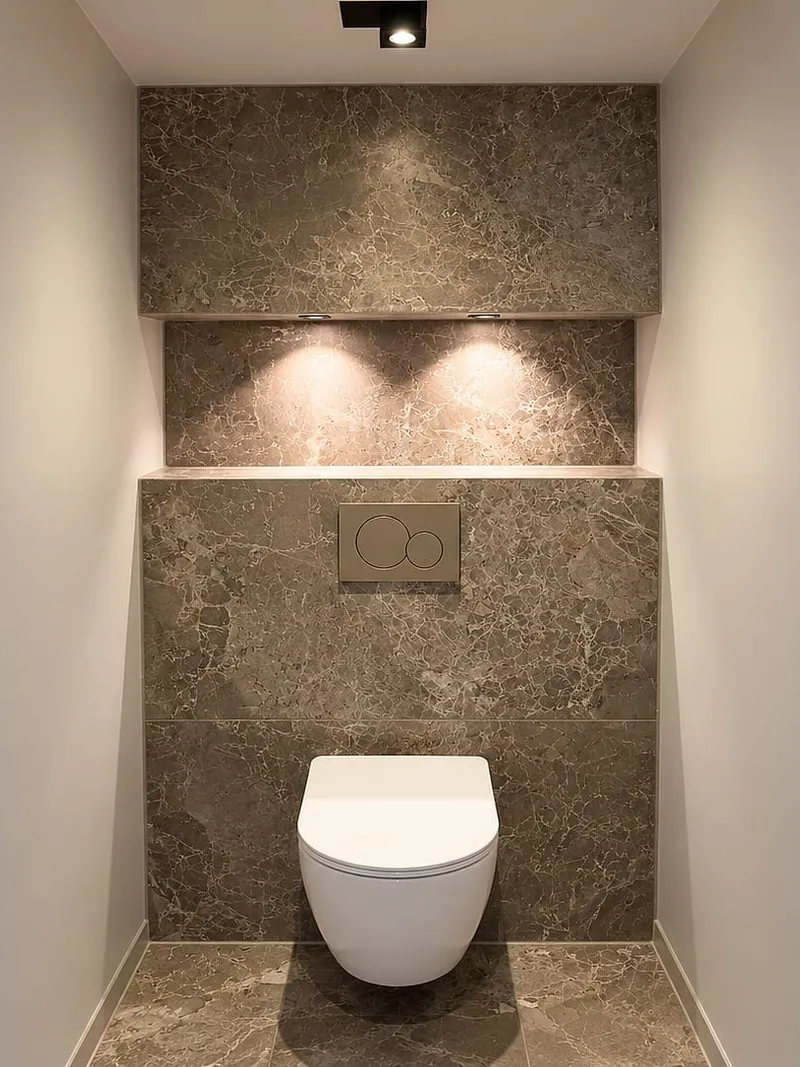 Wc in marmerlook met verlichte nis in Westerhaven — toiletrenovatie door BontBouw