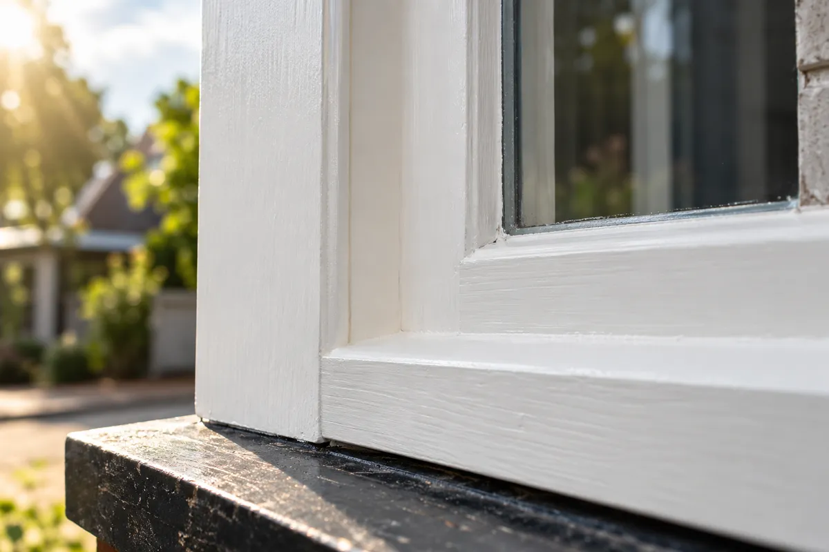 Houten kozijn na houtrotherstel, gegrond en opnieuw gelakt