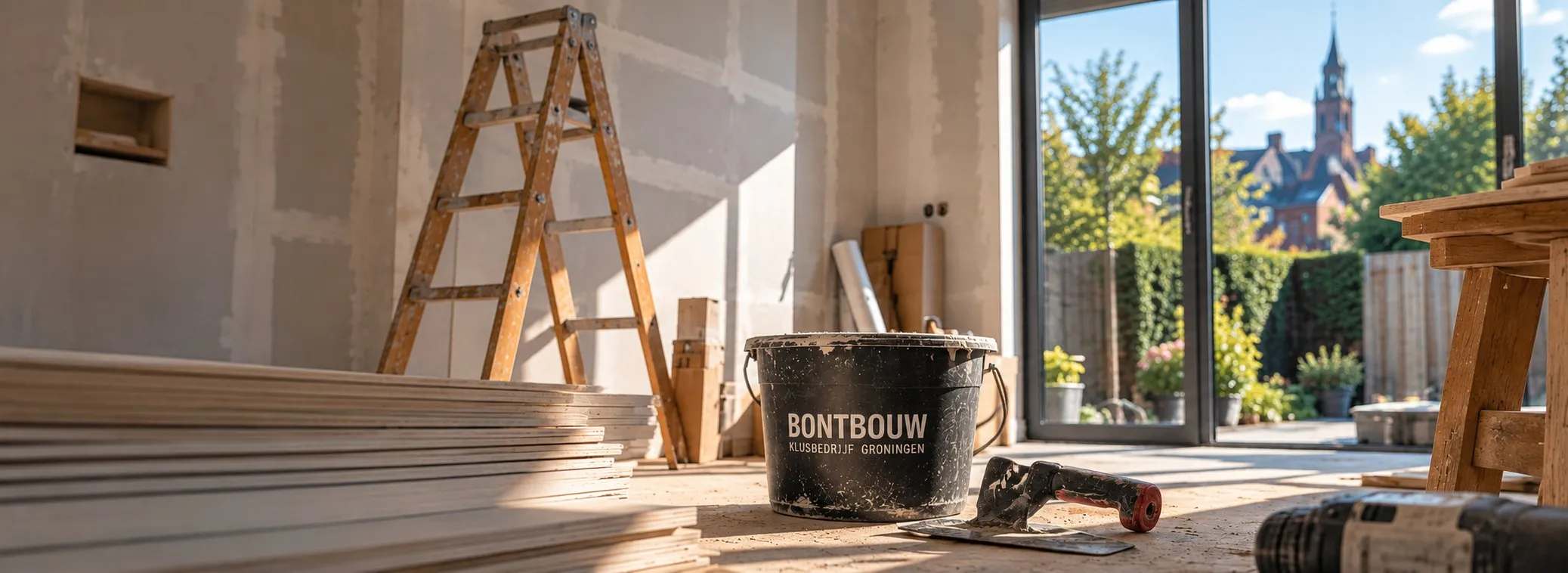 Verbouwing in uitvoering: ladder, gipsplaten en een emmer van BontBouw, met de tuin achter de glazen pui