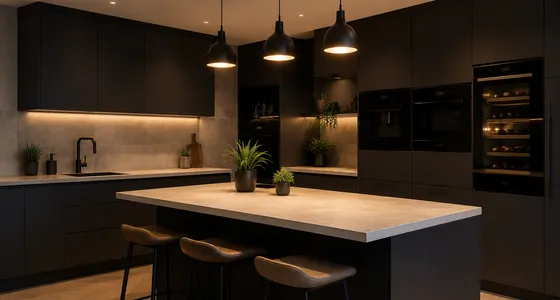 Donkere keuken met kookeiland en drie hanglampen