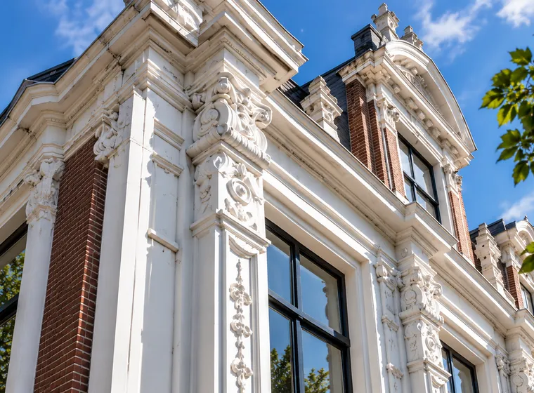 Wit geschilderd lijstwerk en ornamenten aan de gevel van een monumentaal pand in Groningen
