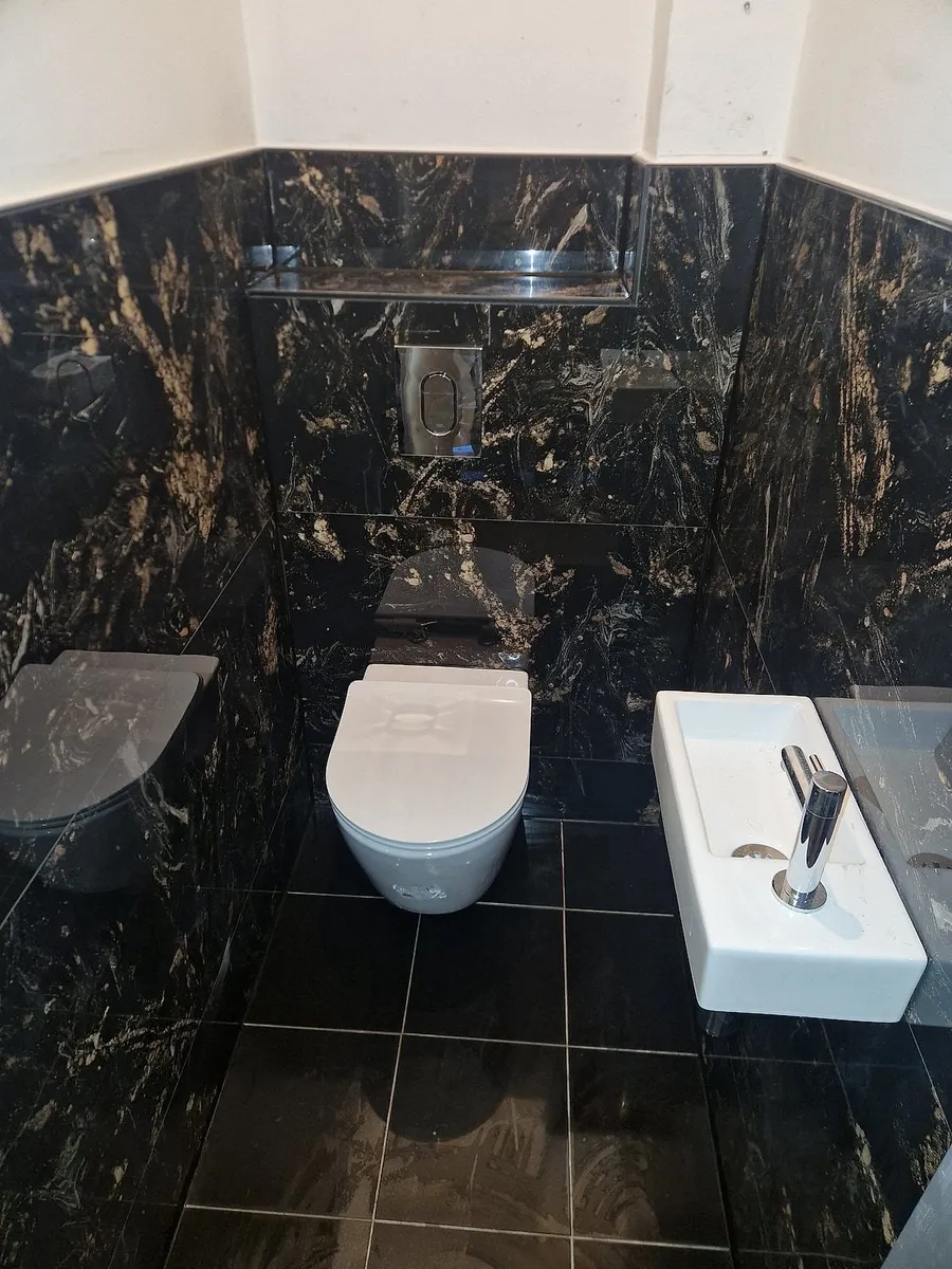 Wc met zwarte marmerlooktegels in Lewenborg — toiletrenovatie door Bontbouw