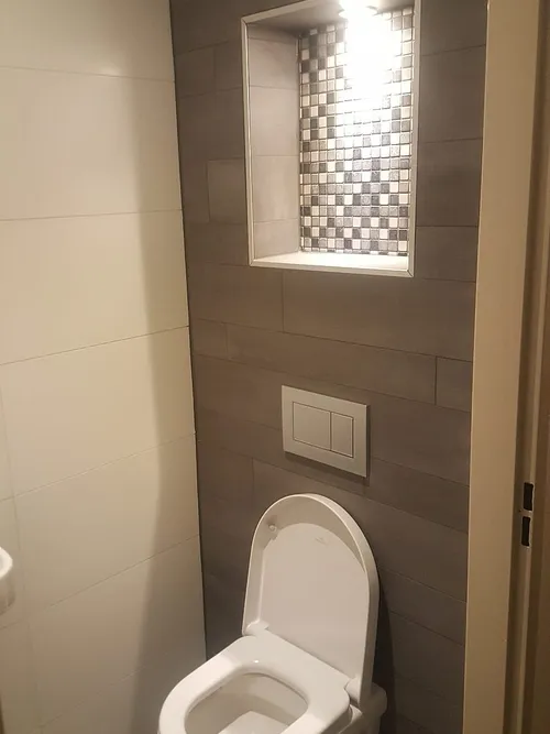 Toilet renoveren in De Hunze: Verlichte mozaïeknis, door Bontbouw