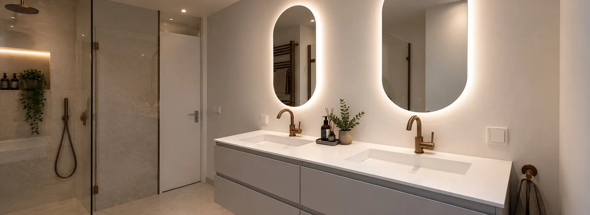 Badkamer met dubbele wastafel, twee verlichte spiegels, messing kranen en een inloopdouche met glazen wand