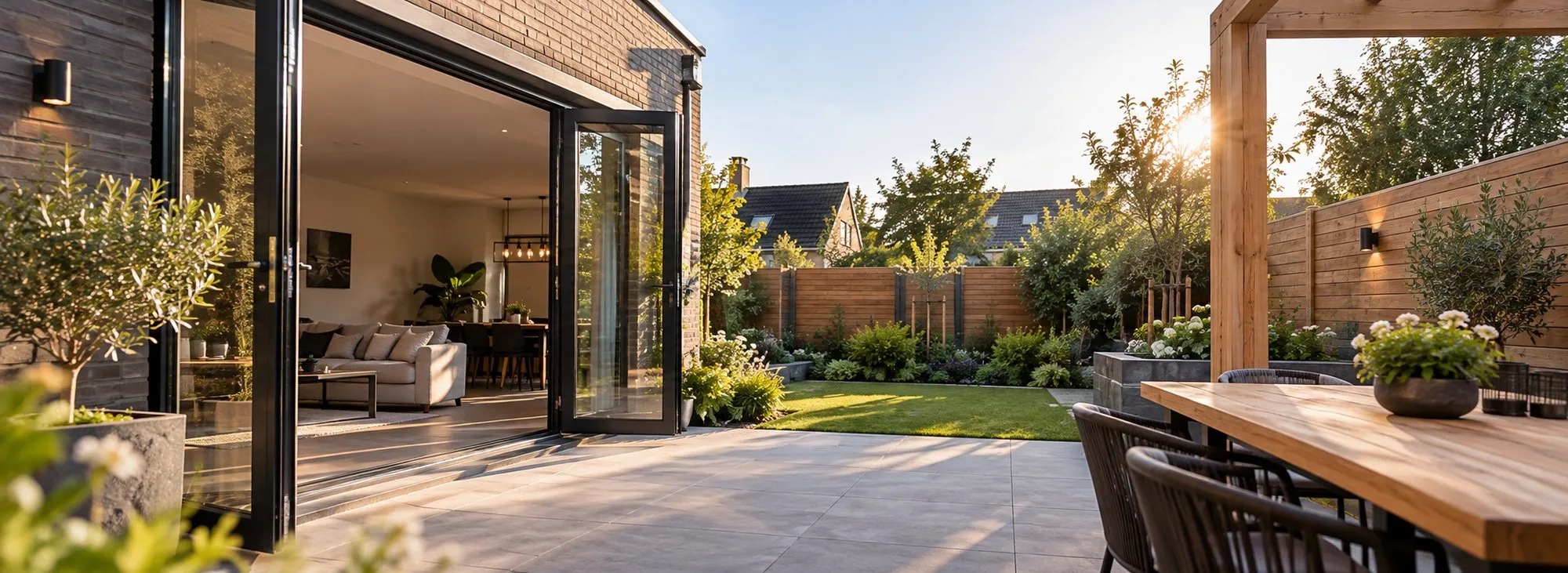 Openslaande glazen pui naar een tuin met terras, houten schutting en pergola