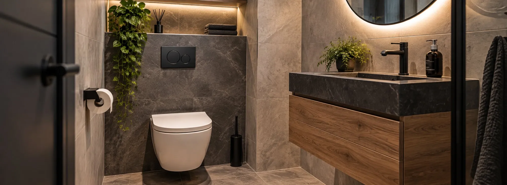 Hangtoilet tegen een donkere tegelwand met verlichte nis, naast een zwevend houten wastafelmeubel