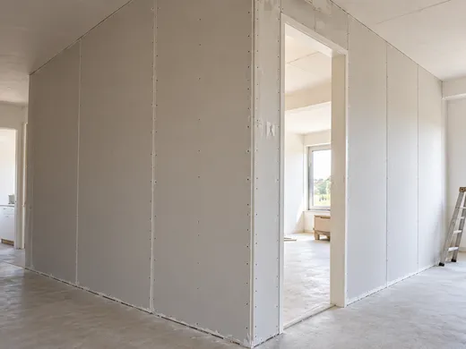 Nieuwe scheidingswand van gipsplaat met doorgang, geplaatst in een woning in Groningen