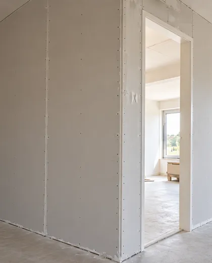 Nieuwe scheidingswand van gipsplaat met doorgang, geplaatst in een woning in Groningen
