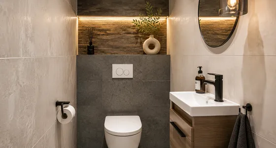 Toilet met grijze tegelwand, ronde spiegel en wastafel met zwarte kraan