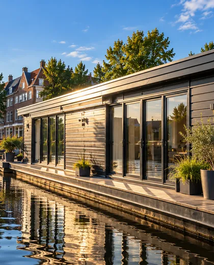 Woonark met zwart geschilderde houten gevel en schuifpuien aan het water in Groningen