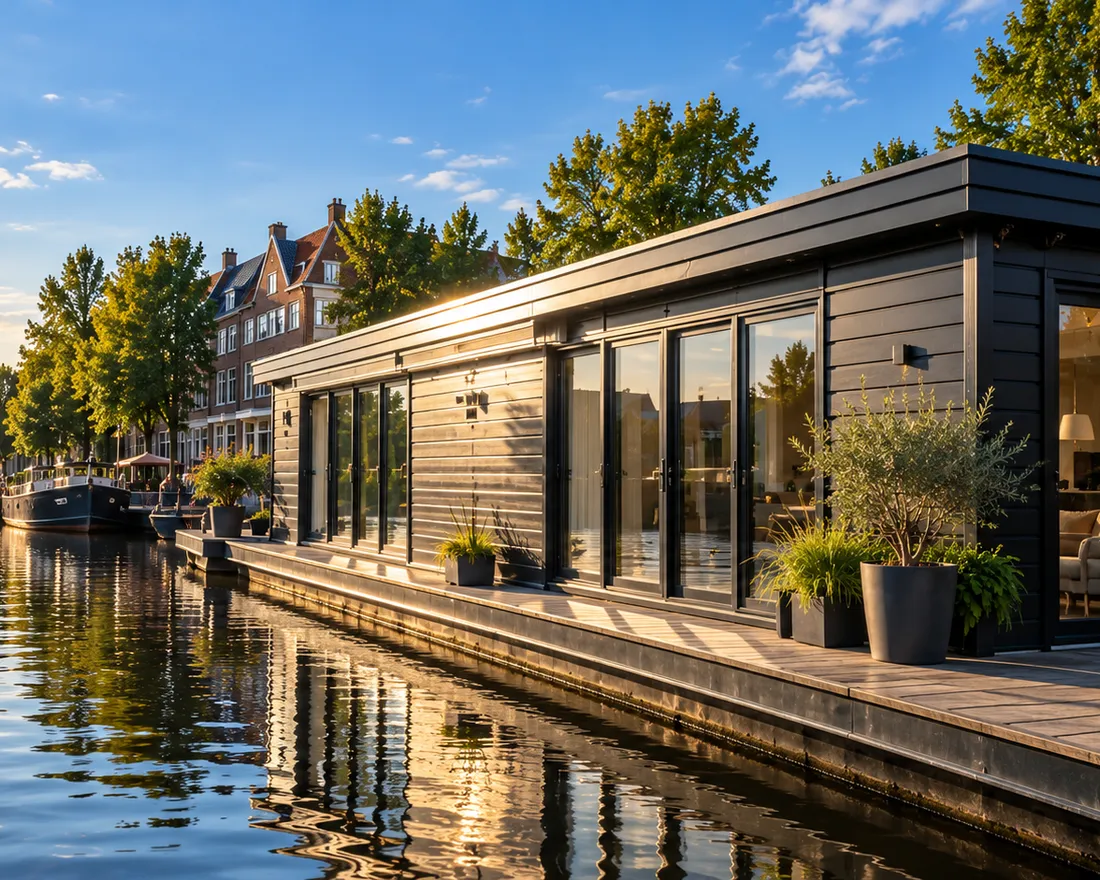 Woonark met zwart geschilderde houten gevel en schuifpuien aan het water in Groningen