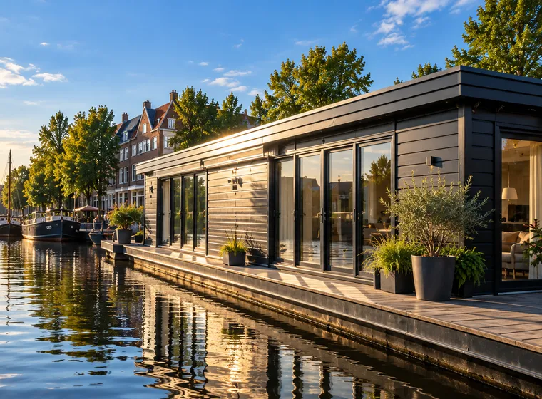 Woonark met zwart geschilderde houten gevel en schuifpuien aan het water in Groningen